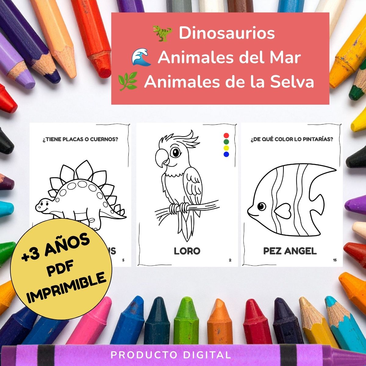 3 Libros para Colorear PDF Imprimible 🎨    Dinosaurios, Selva y Mar
